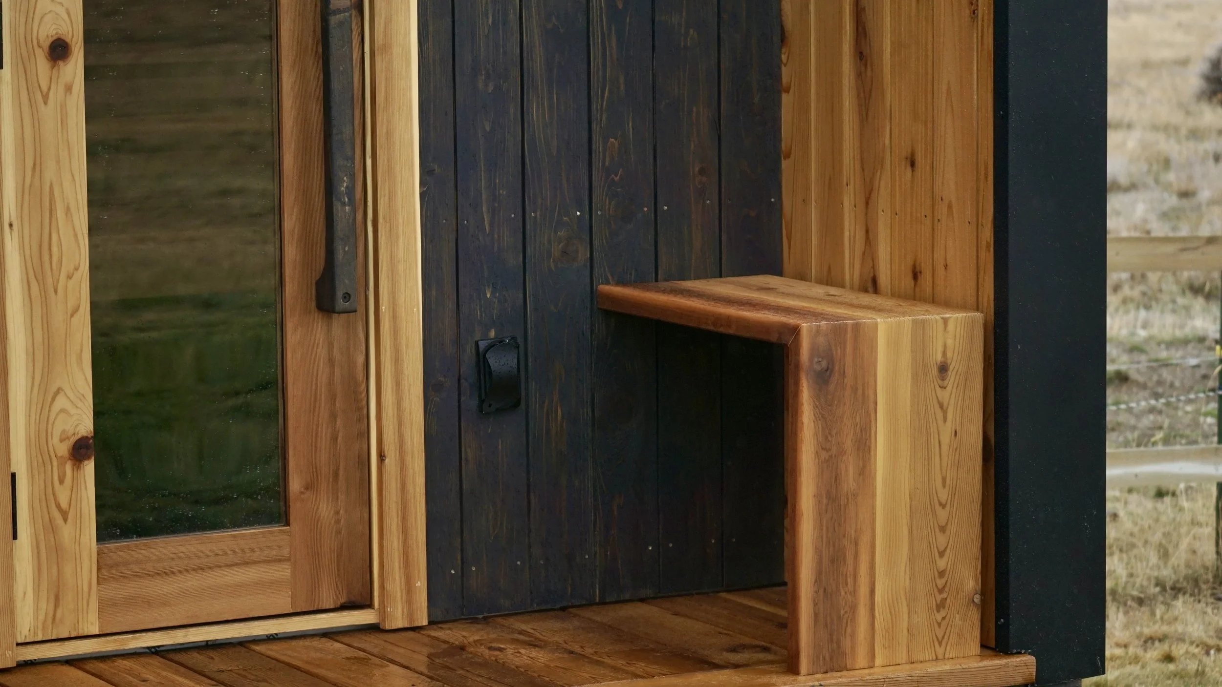 Close-up of hand-finished Western red cedar bench and wood grain